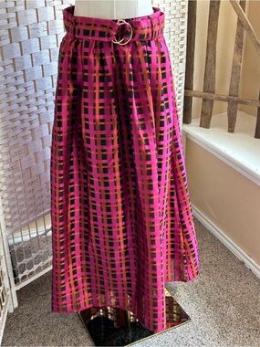 EMILY LOVELOCK Maya Maxi Skirt Crimson Pink Orange Plaid Plissé Size US 6-8 NWT